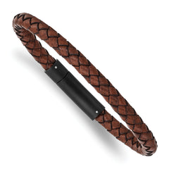 Chisel Stainless Steel Brushed Black IP-plated Brown Braided Leather 8.25 inch Bracelet