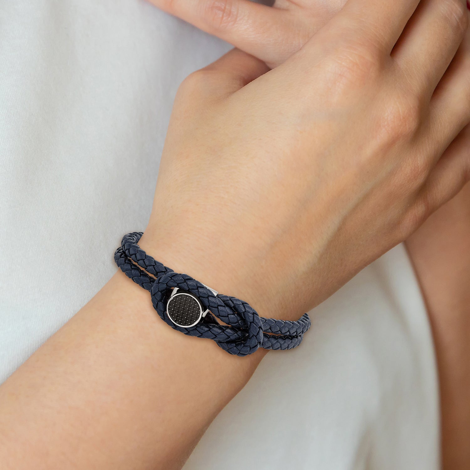 Chisel Stainless Steel Polished with Black Carbon Fiber Inlay Navy Blue Braided Leather 8.5 inch Bracelet