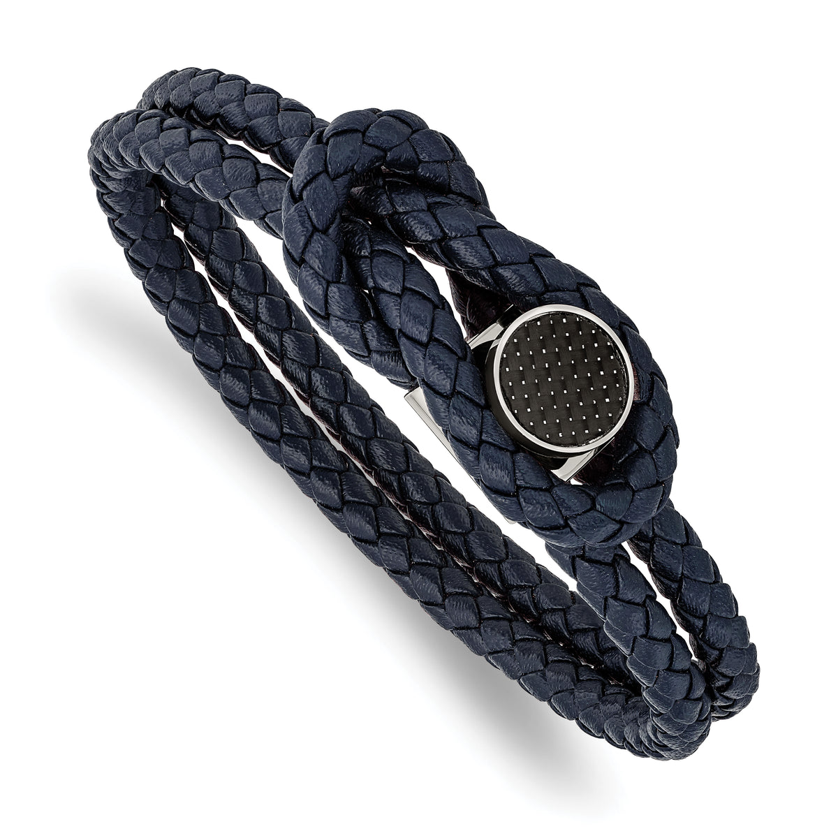 Chisel Stainless Steel Polished with Black Carbon Fiber Inlay Navy Blue Braided Leather 8.5 inch Bracelet