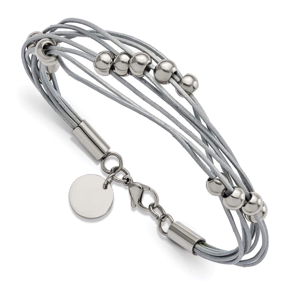 Chisel Stainless Steel Polished Beaded Multi-Strand Grey Leather 8 inch Bracelet