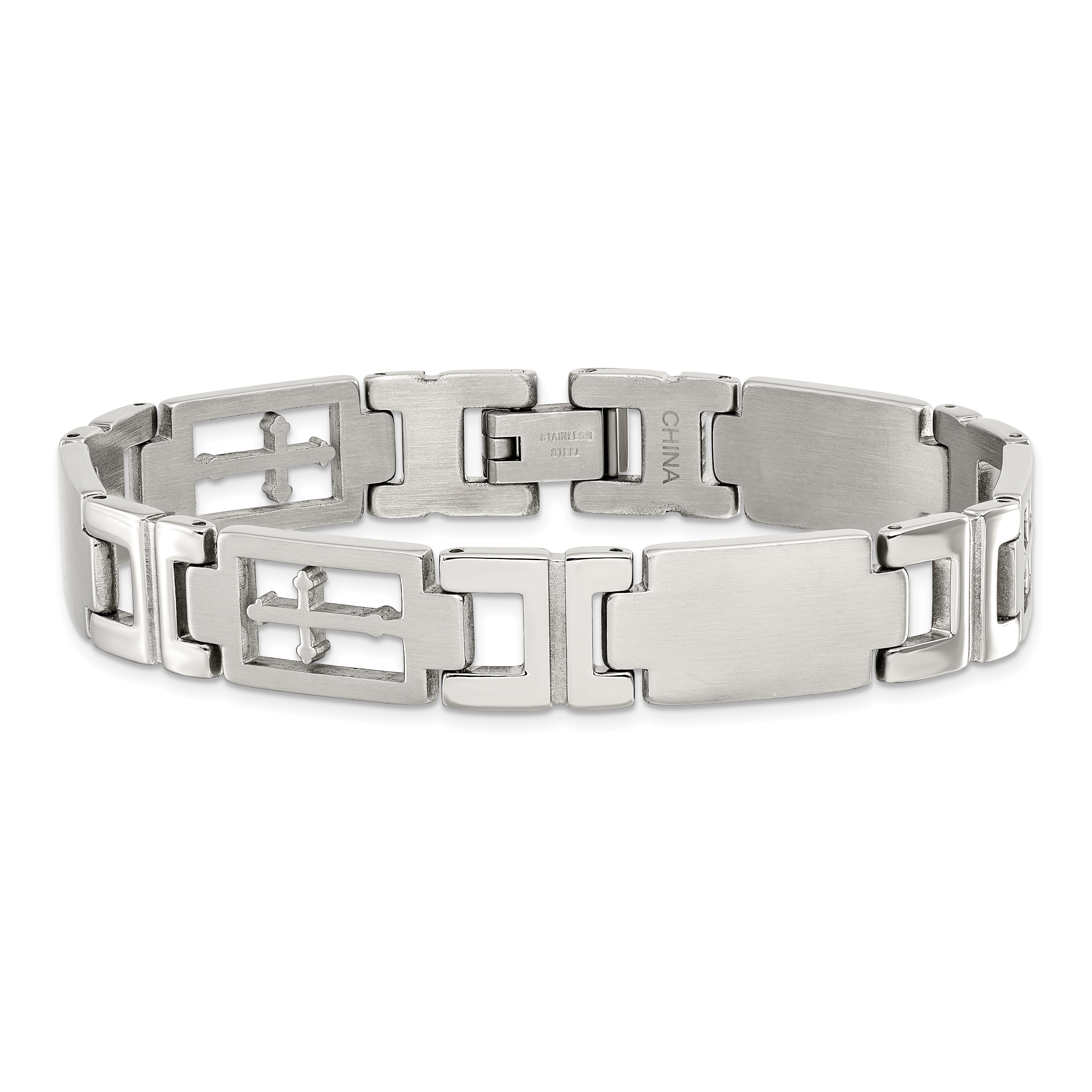 Chisel Stainless Steel Brushed and Polished Cross 8.25 inch Link Bracelet