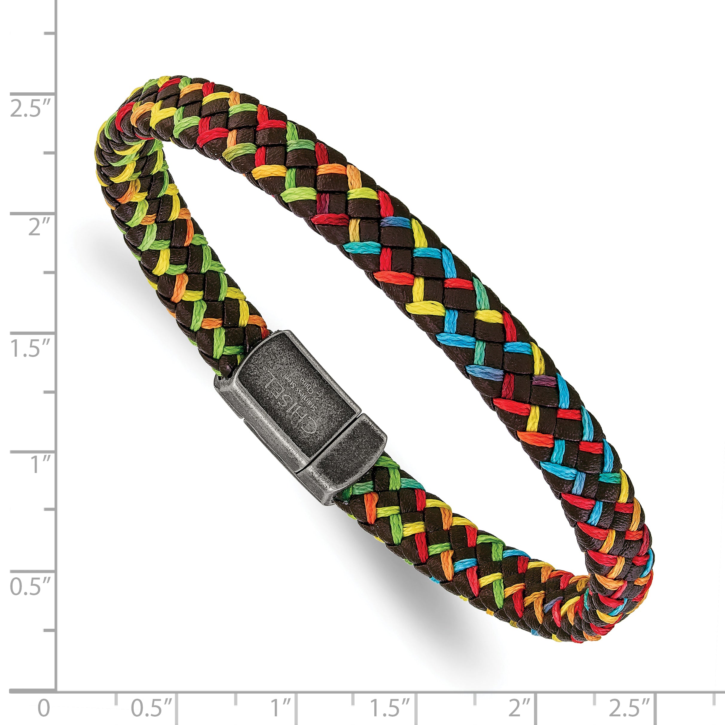 Chisel Stainless Steel Antiqued Braided Brown Leather and Multi-color Nylon 8.25 inch Bracelet