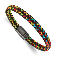 Chisel Stainless Steel Antiqued Braided Brown Leather and Multi-color Nylon 8.25 inch Bracelet