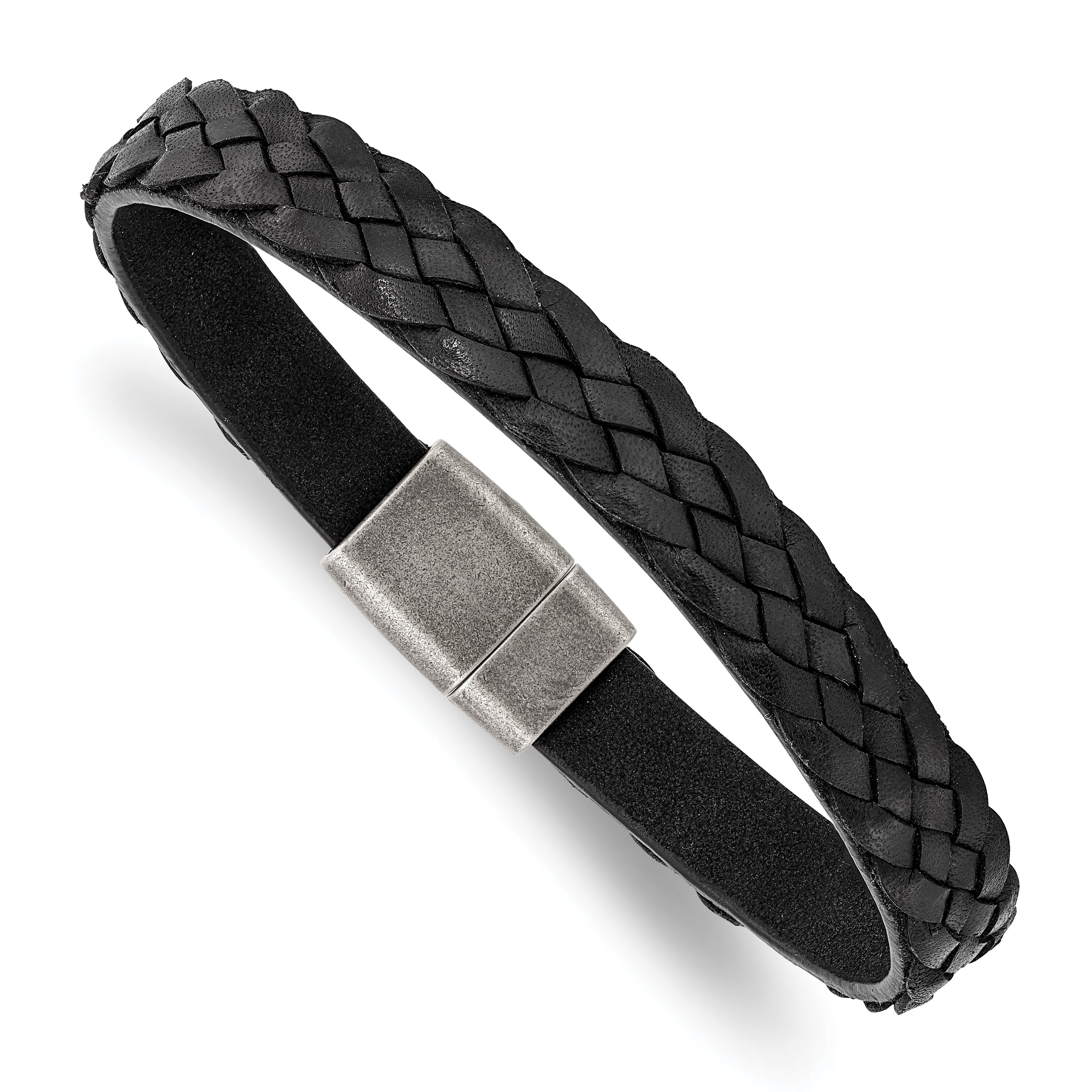 Chisel Stainless Steel Antiqued Black Braided Leather 8.25 inch Bracelet