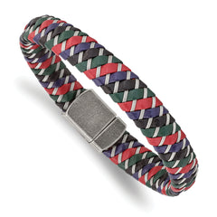 Stainless Steel Antiqued & Polished Multi-Color Leather w/Wire Bracelet