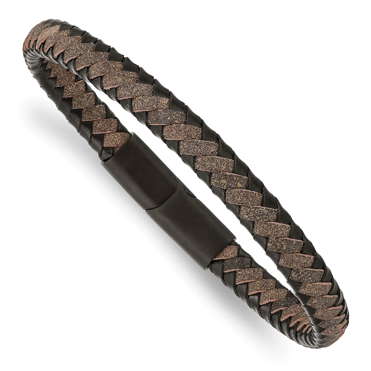 Chisel Stainless Steel Brushed Black IP-plated Black and Brown Braided Leather 8.25 inch Bracelet