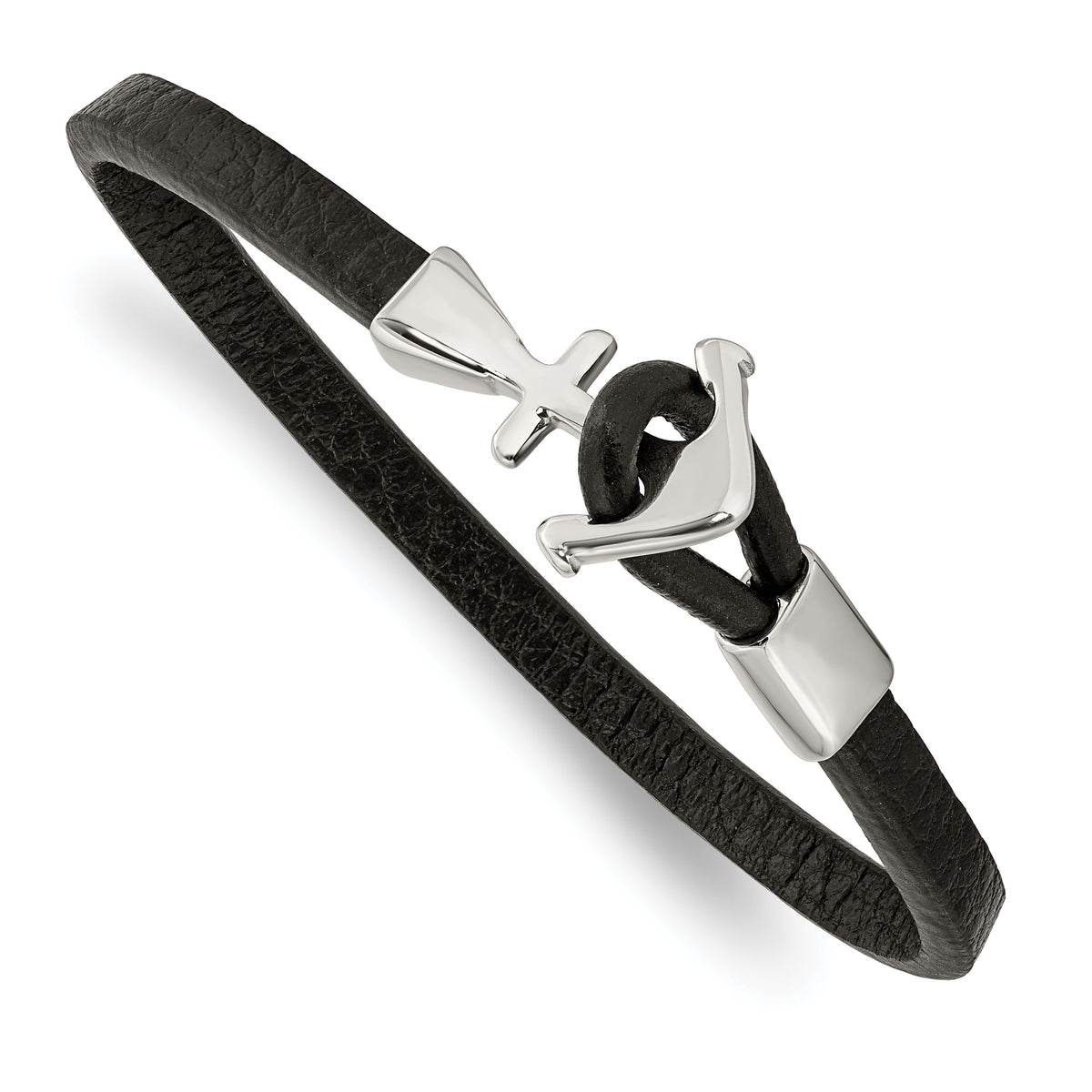 Chisel Stainless Steel Polished Anchor Black Leather 8 inch Bracelet