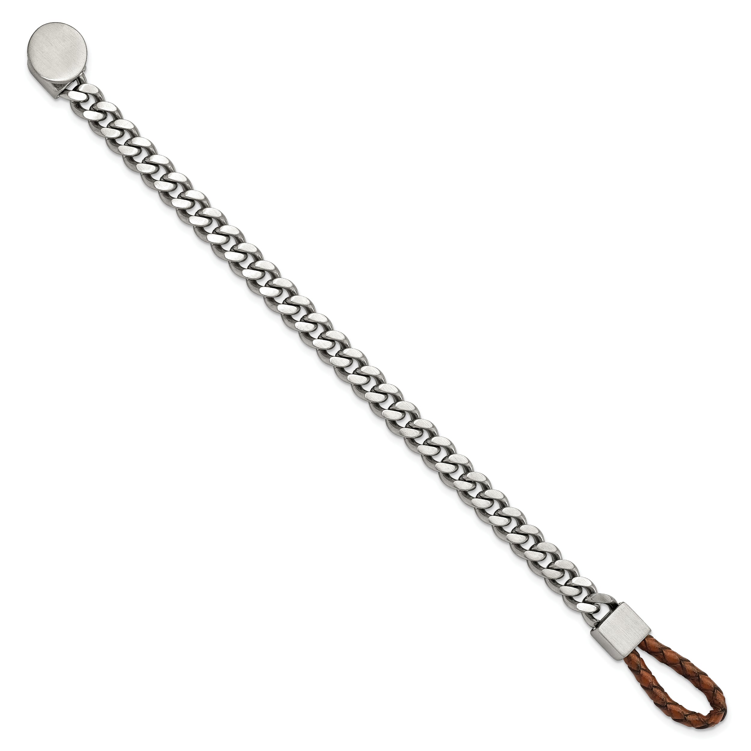 Chisel Stainless Steel Brushed and Polished Curb Chain with Brown Braided Leather Hook 8.25 inch Bracelet