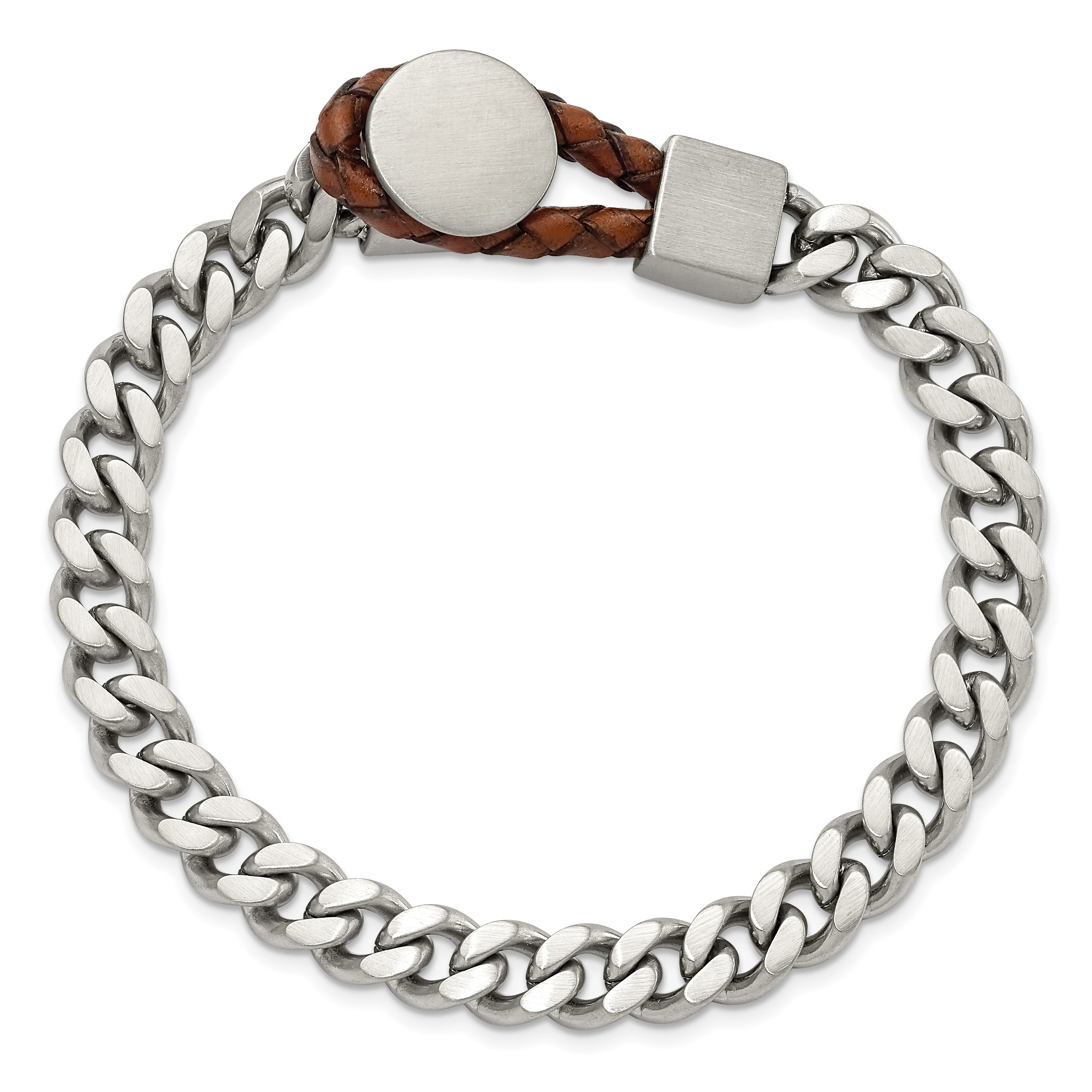 Chisel Stainless Steel Brushed and Polished Curb Chain with Brown Braided Leather Hook 8.25 inch Bracelet