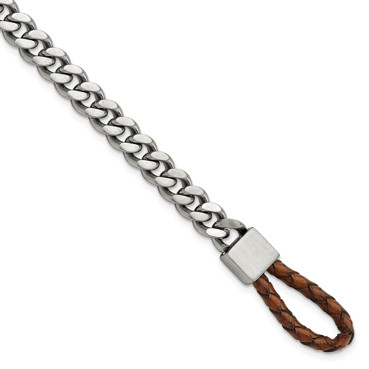 Chisel Stainless Steel Brushed and Polished Curb Chain with Brown Braided Leather Hook 8.25 inch Bracelet