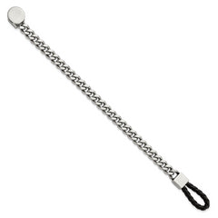 Chisel Stainless Steel Polished Curb Chain with Black Braided Leather Hook 8.25 inch Bracelet