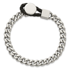 Chisel Stainless Steel Polished Curb Chain with Black Braided Leather Hook 8.25 inch Bracelet