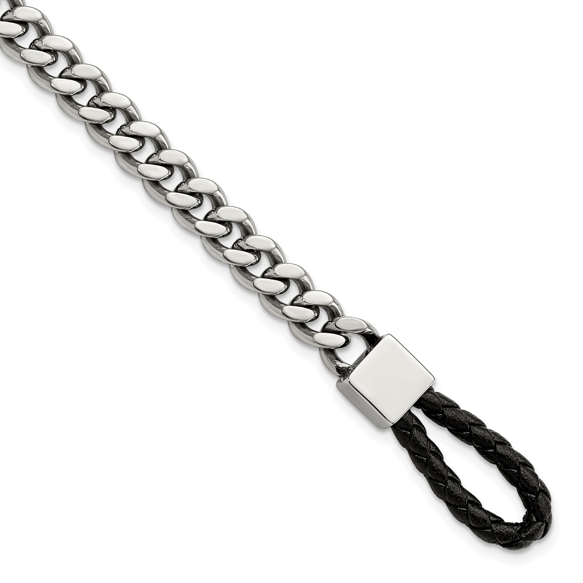 Chisel Stainless Steel Polished Curb Chain with Black Braided Leather Hook 8.25 inch Bracelet