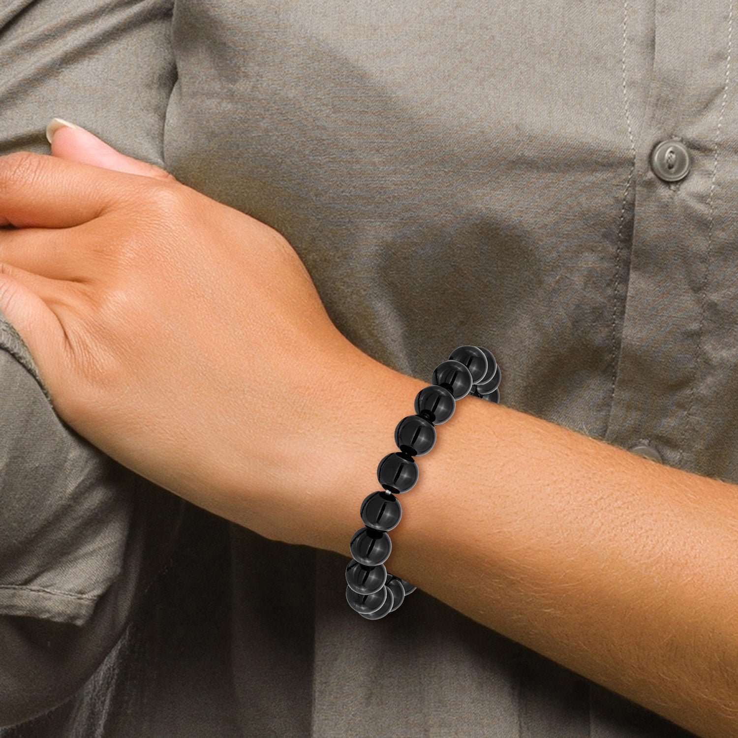 Chisel 10mm Black Agate Beaded Stretch Bracelet