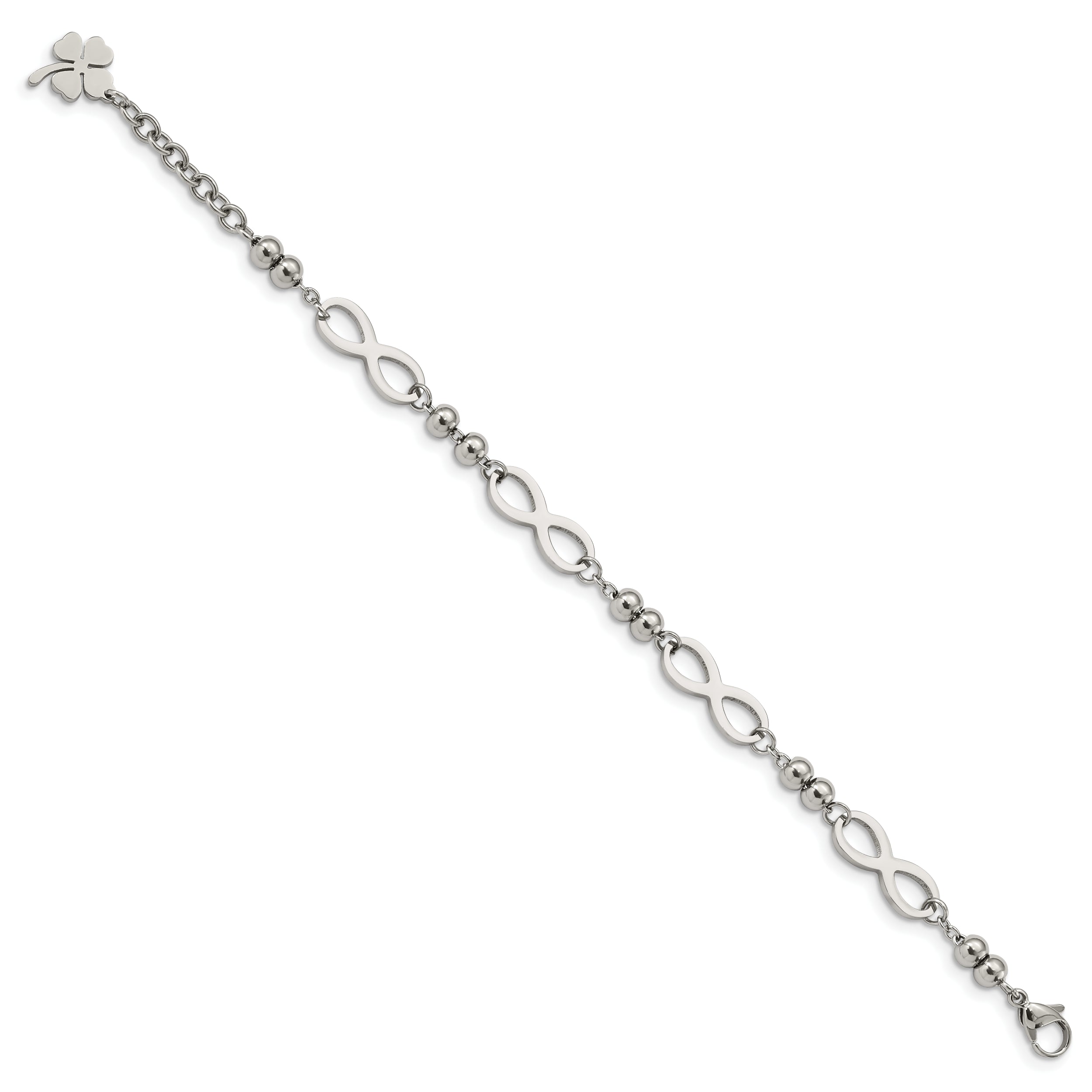 Chisel Stainless Steel Polished Infinity Symbol Link with 4 Leaf Clover Charm 6.5 inch Bracelet with 1 inch Extension