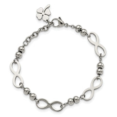 Chisel Stainless Steel Polished Infinity Symbol Link with 4 Leaf Clover Charm 6.5 inch Bracelet with 1 inch Extension