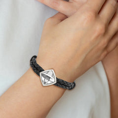 Stainless Steel Polished with Glass Stone Braided Leather 8in Bracelet