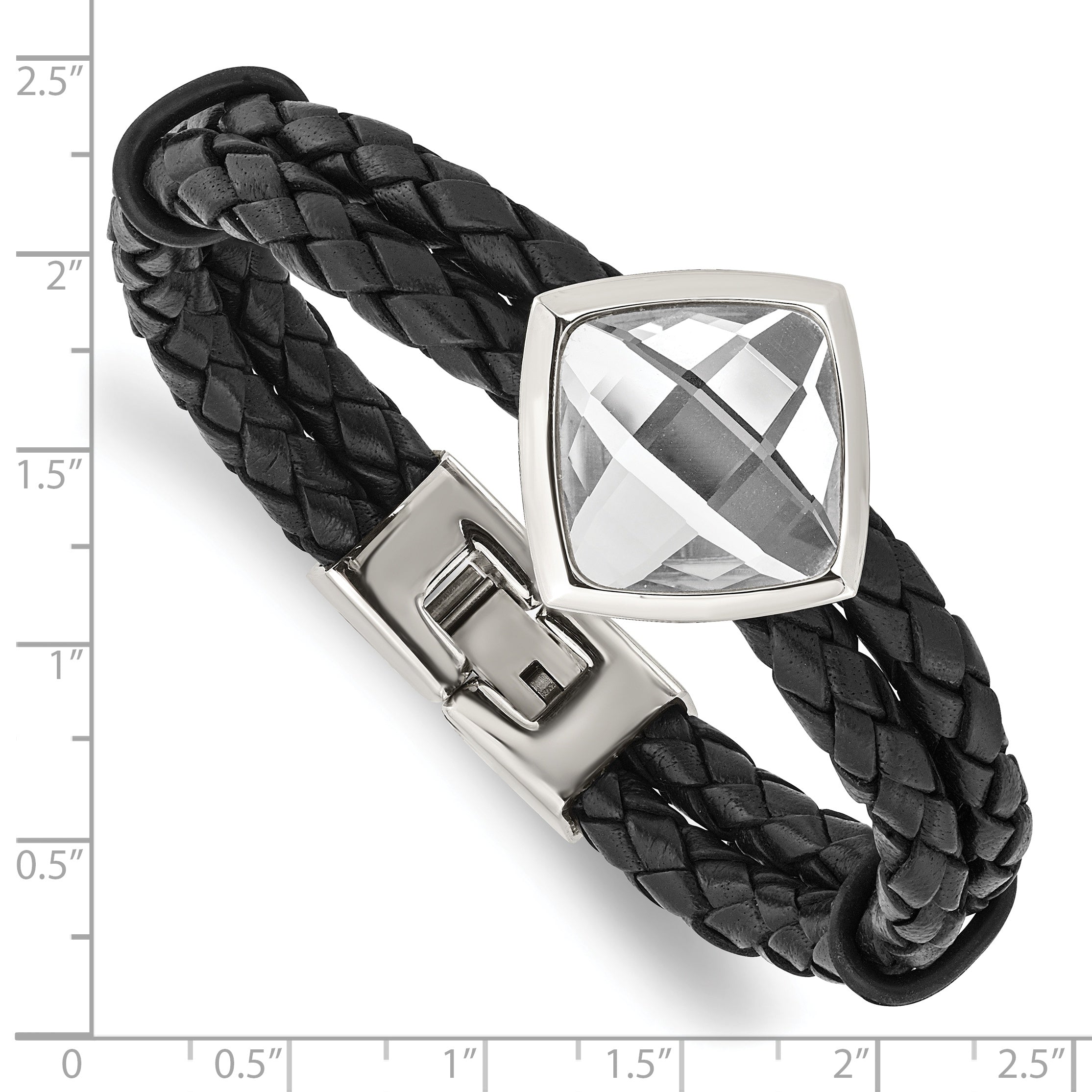 Stainless Steel Polished with Glass Stone Braided Leather 8in Bracelet