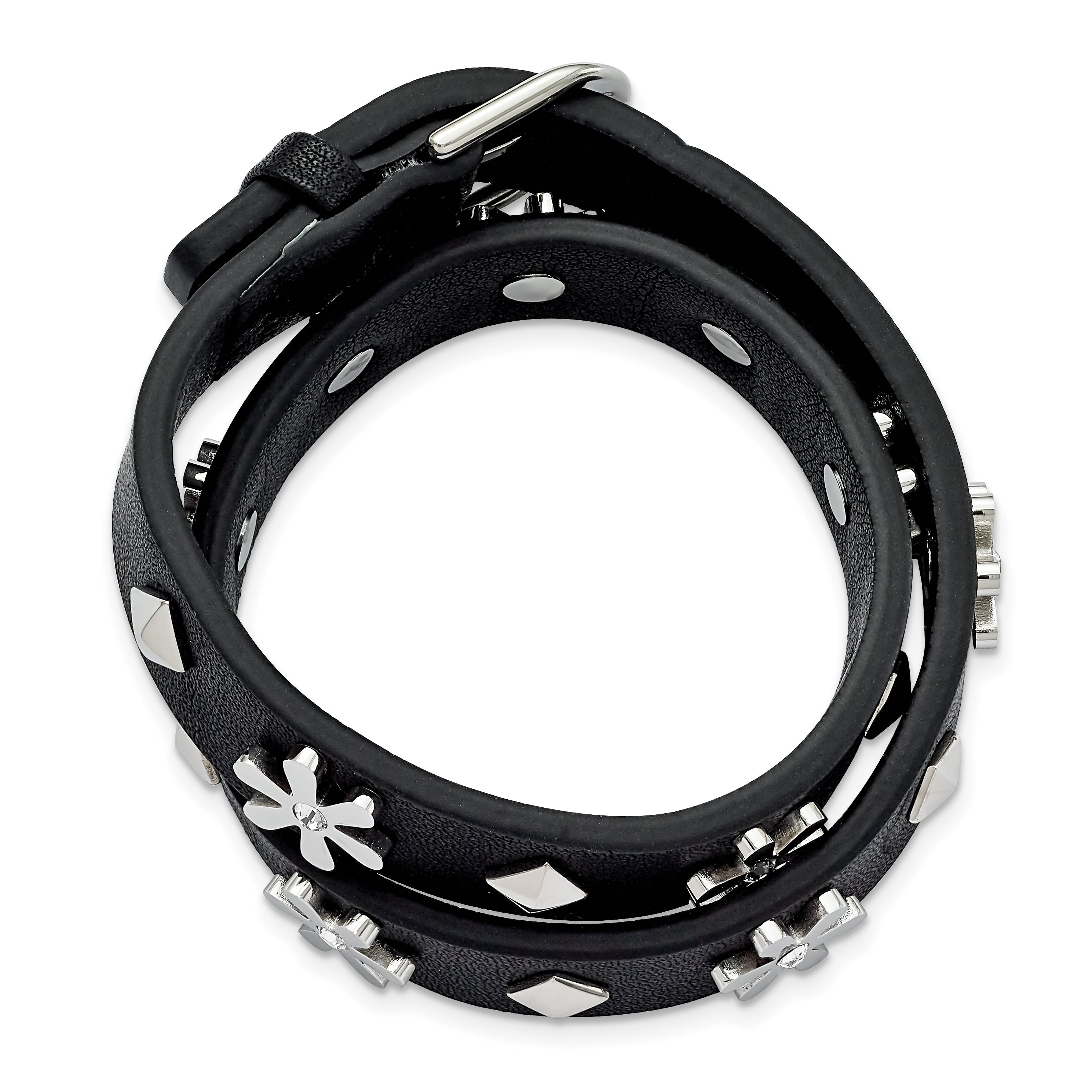 Chisel Stainless Steel Polished with Crystal from Swarovski Flower Studded Black Leather Adjustable Bracelet