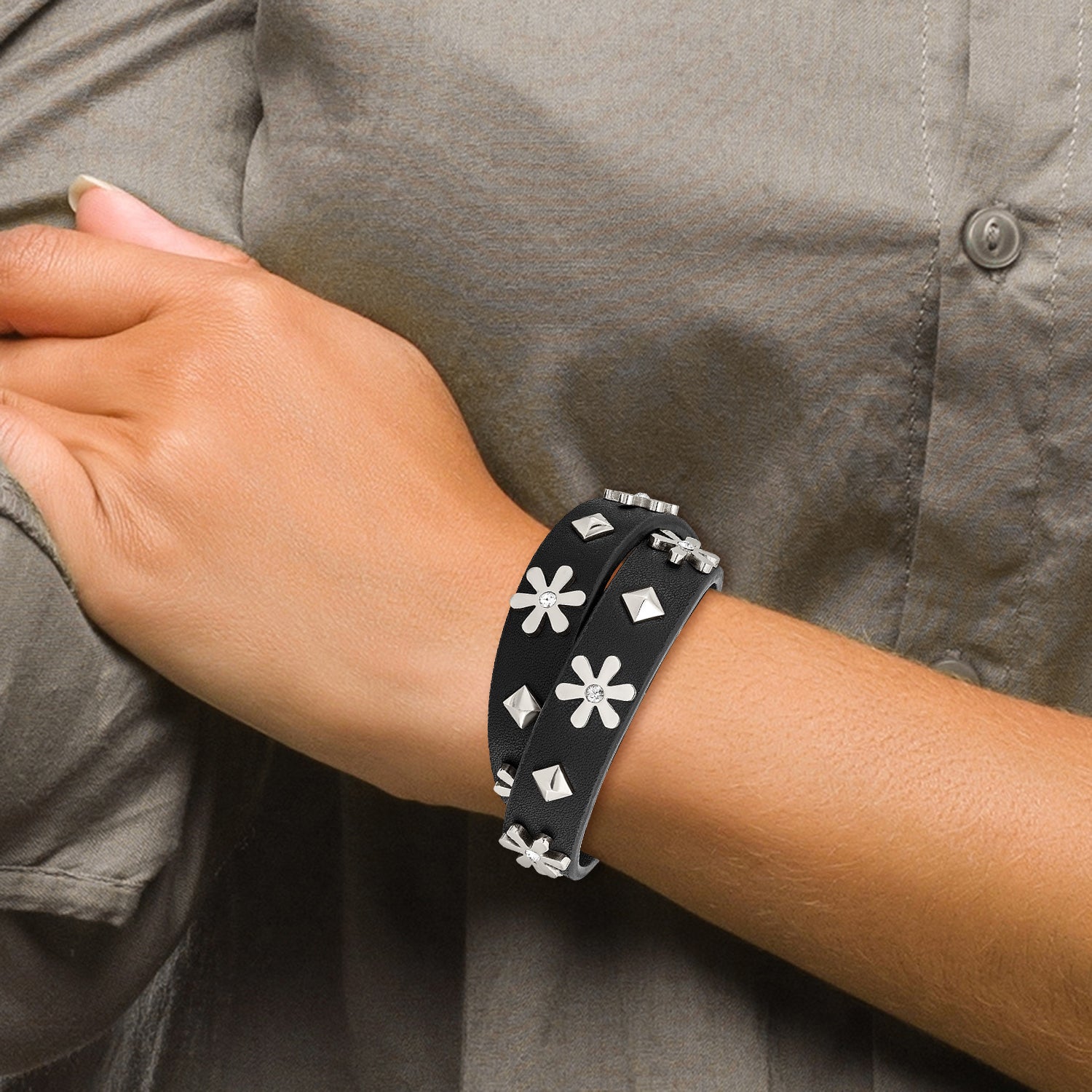 Chisel Stainless Steel Polished with Crystal from Swarovski Flower Studded Black Leather Adjustable Bracelet