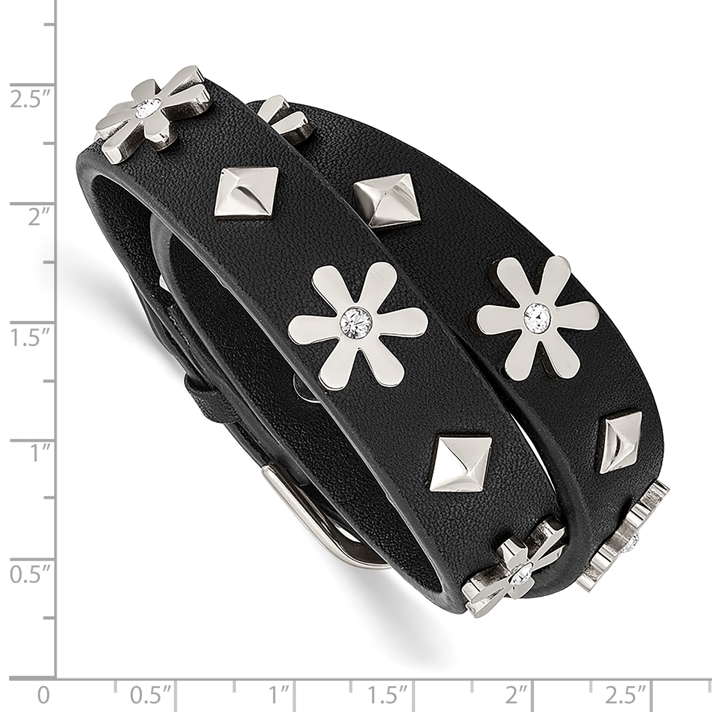 Chisel Stainless Steel Polished with Crystal from Swarovski Flower Studded Black Leather Adjustable Bracelet