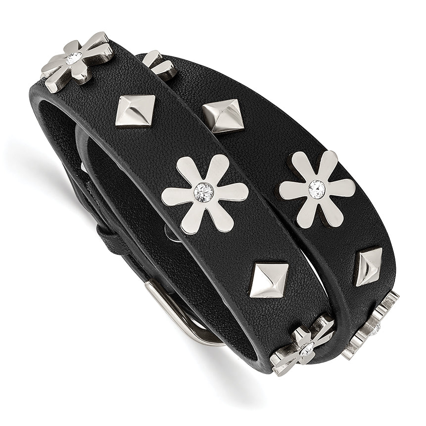 Chisel Stainless Steel Polished with Crystal from Swarovski Flower Studded Black Leather Adjustable Bracelet