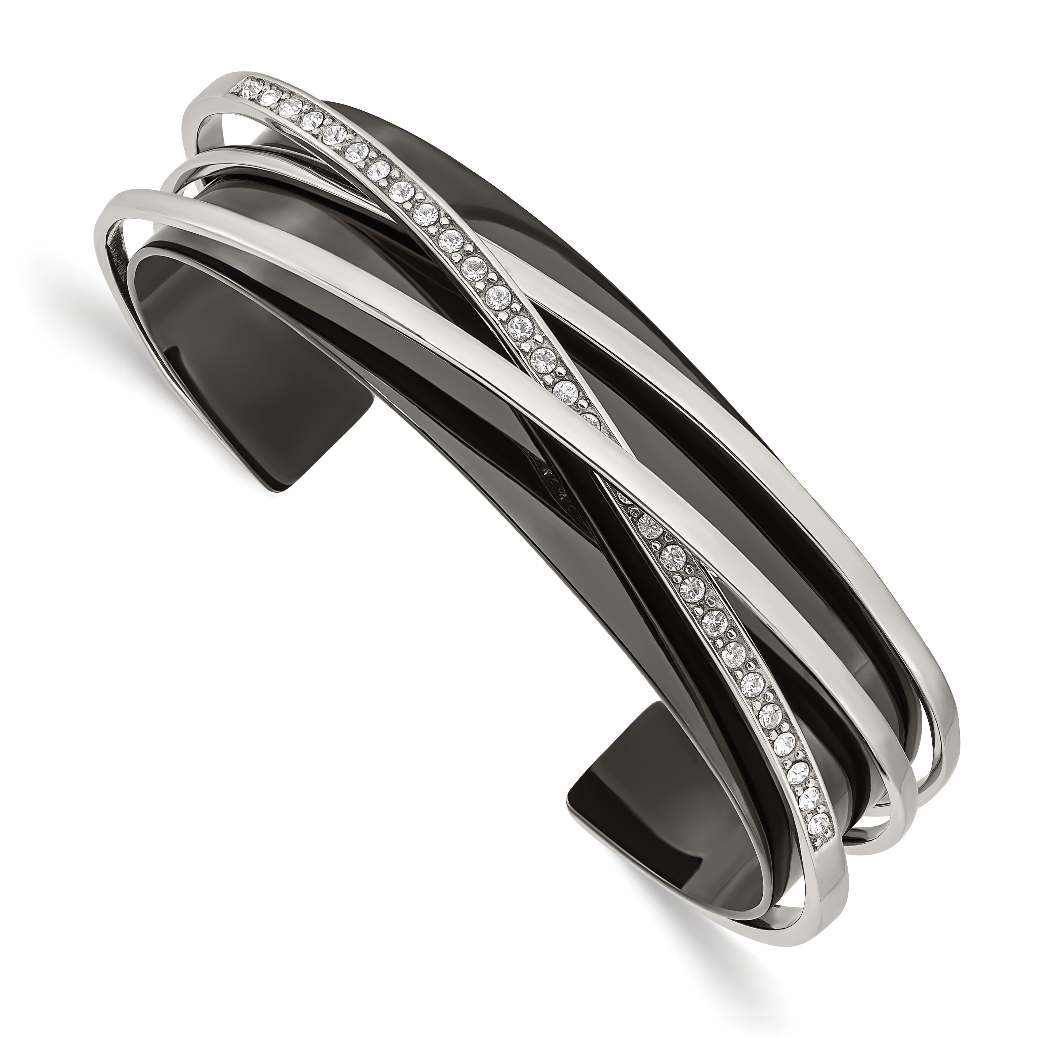 Chisel Stainless Steel Polished Black IP-plated with Crystals from Swarovski Layered Cuff Bangle