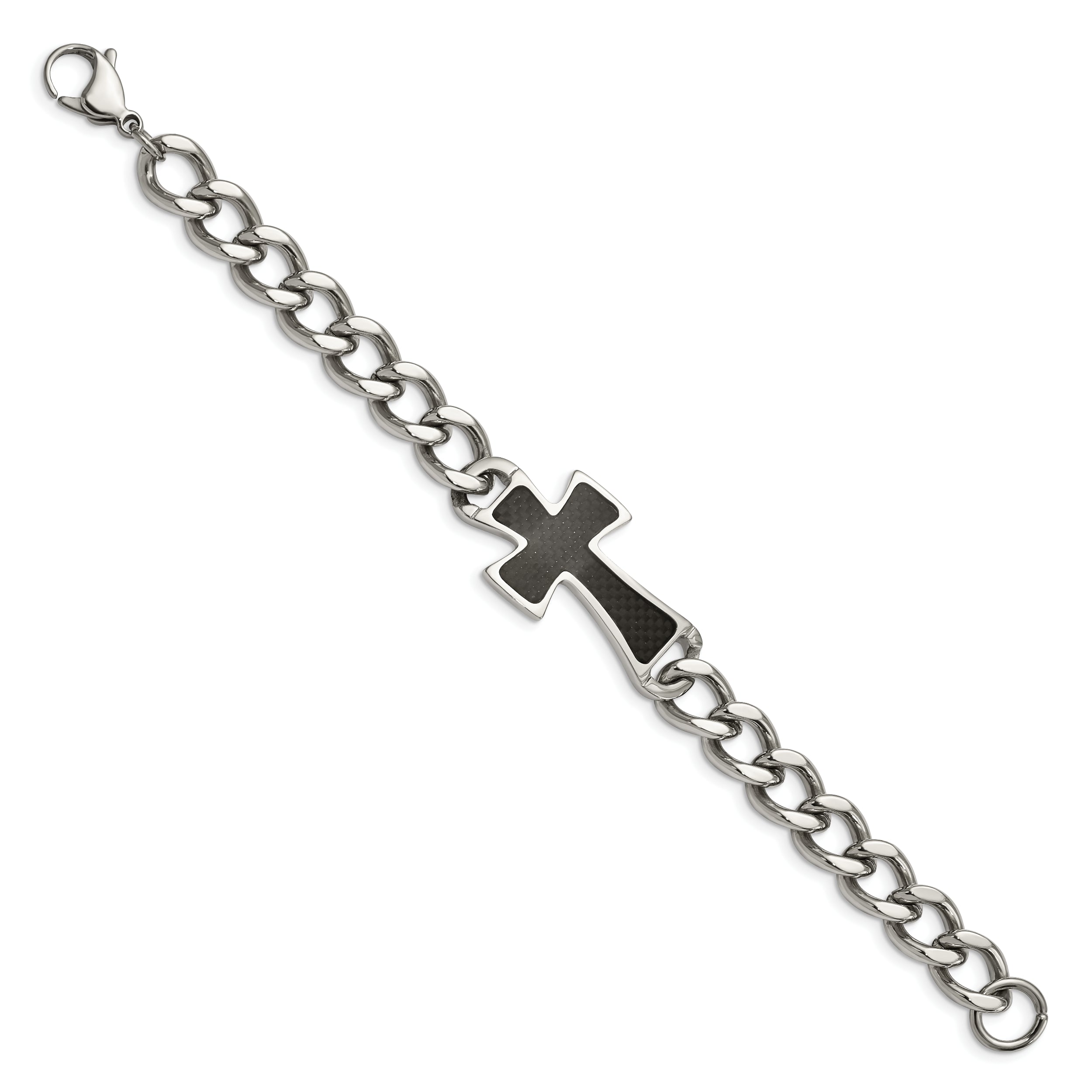 Chisel Stainless Steel Polished with Black Carbon Fiber Inlay Cross 8.5 inch Bracelet