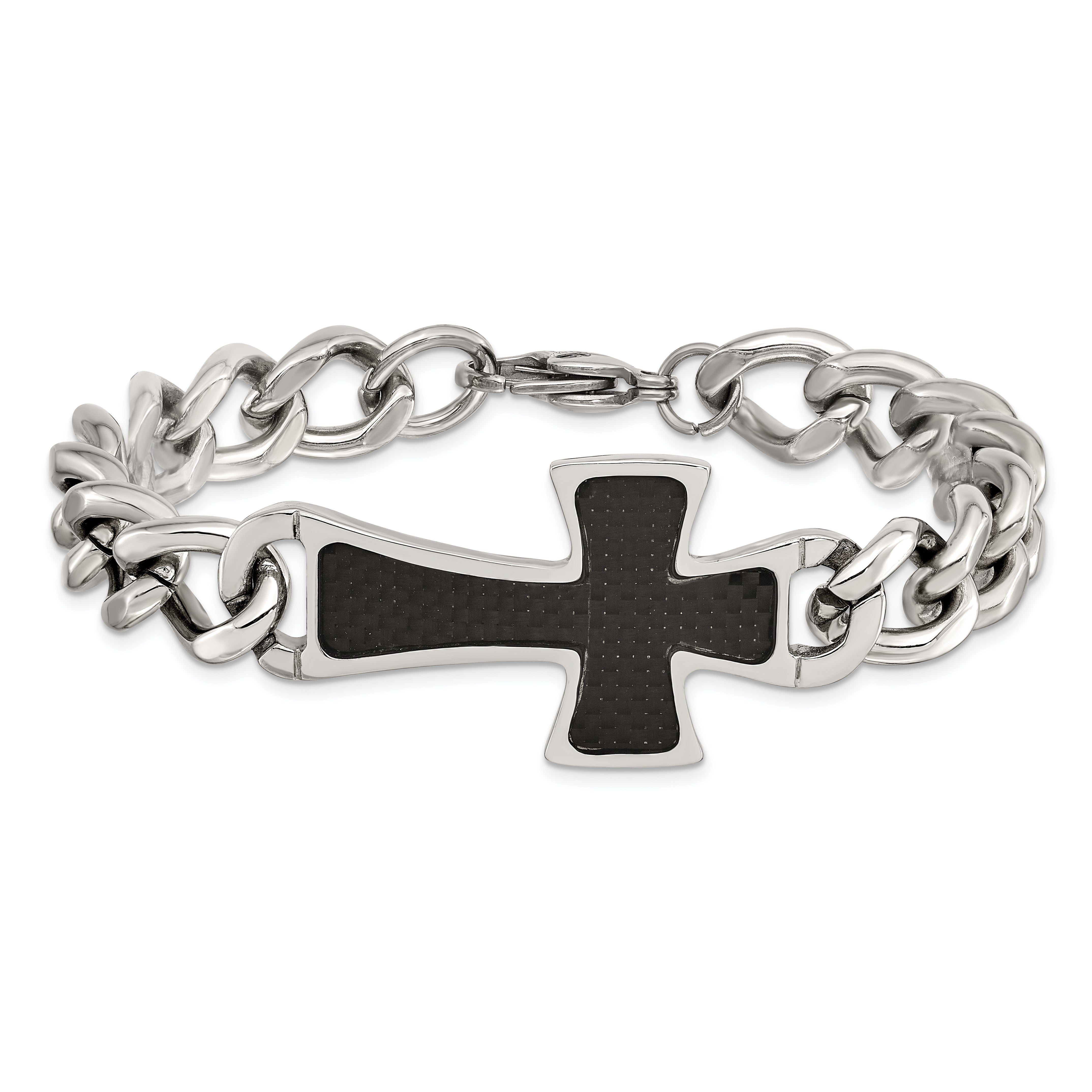 Chisel Stainless Steel Polished with Black Carbon Fiber Inlay Cross 8.5 inch Bracelet