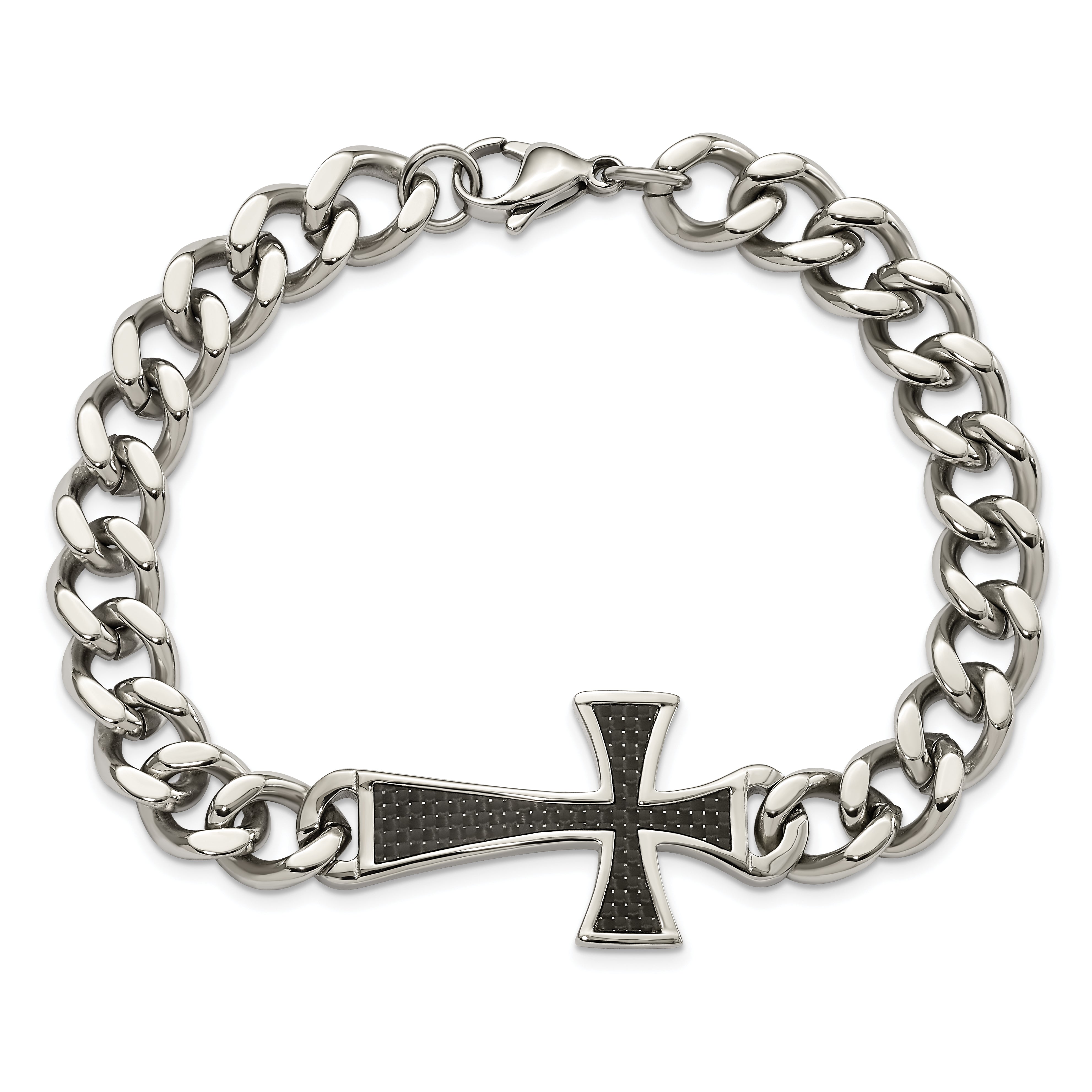 Chisel Stainless Steel Polished with Black Carbon Fiber Inlay Cross 8.5 inch Bracelet