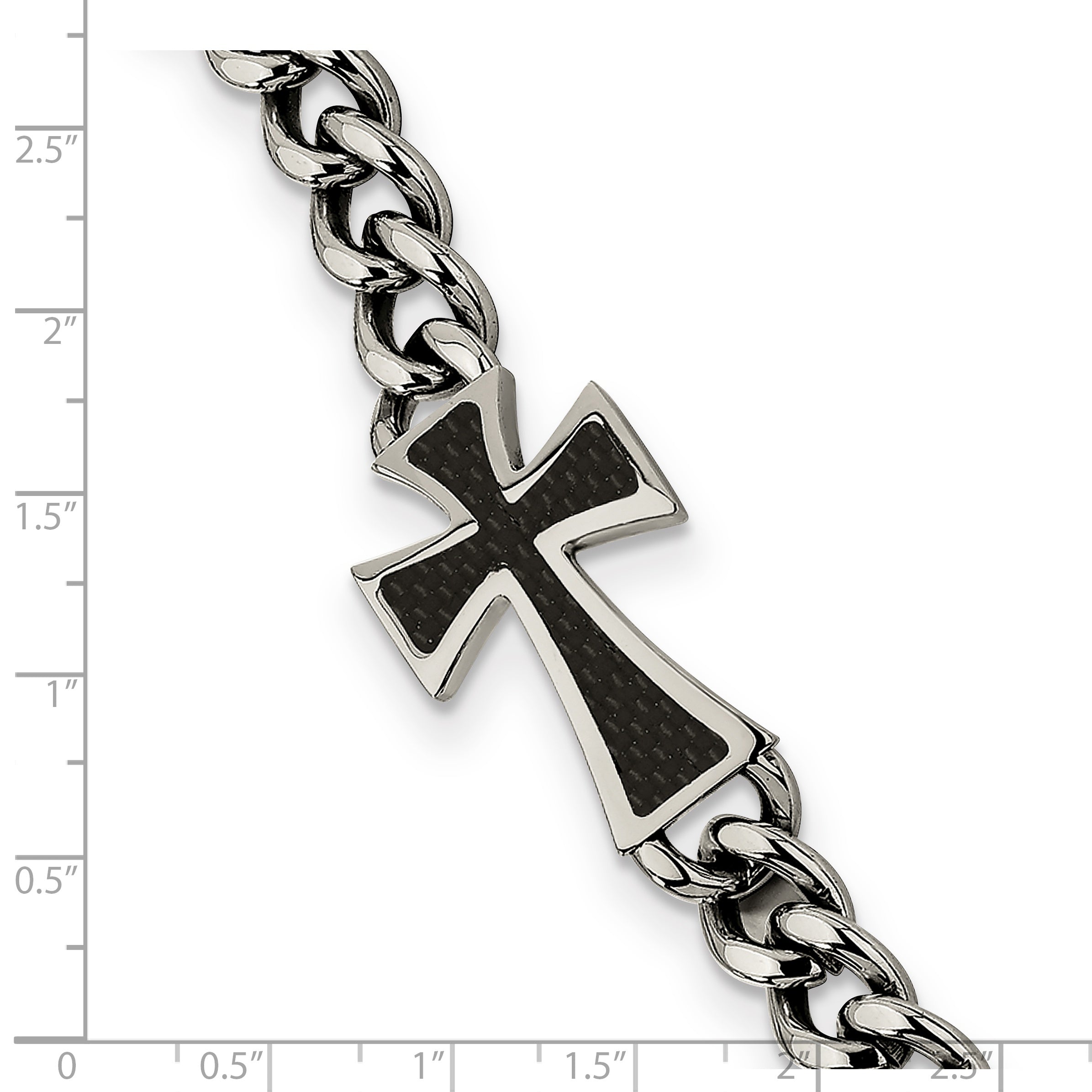 Chisel Stainless Steel Polished with Black Carbon Fiber Inlay Cross 8.5 inch Bracelet