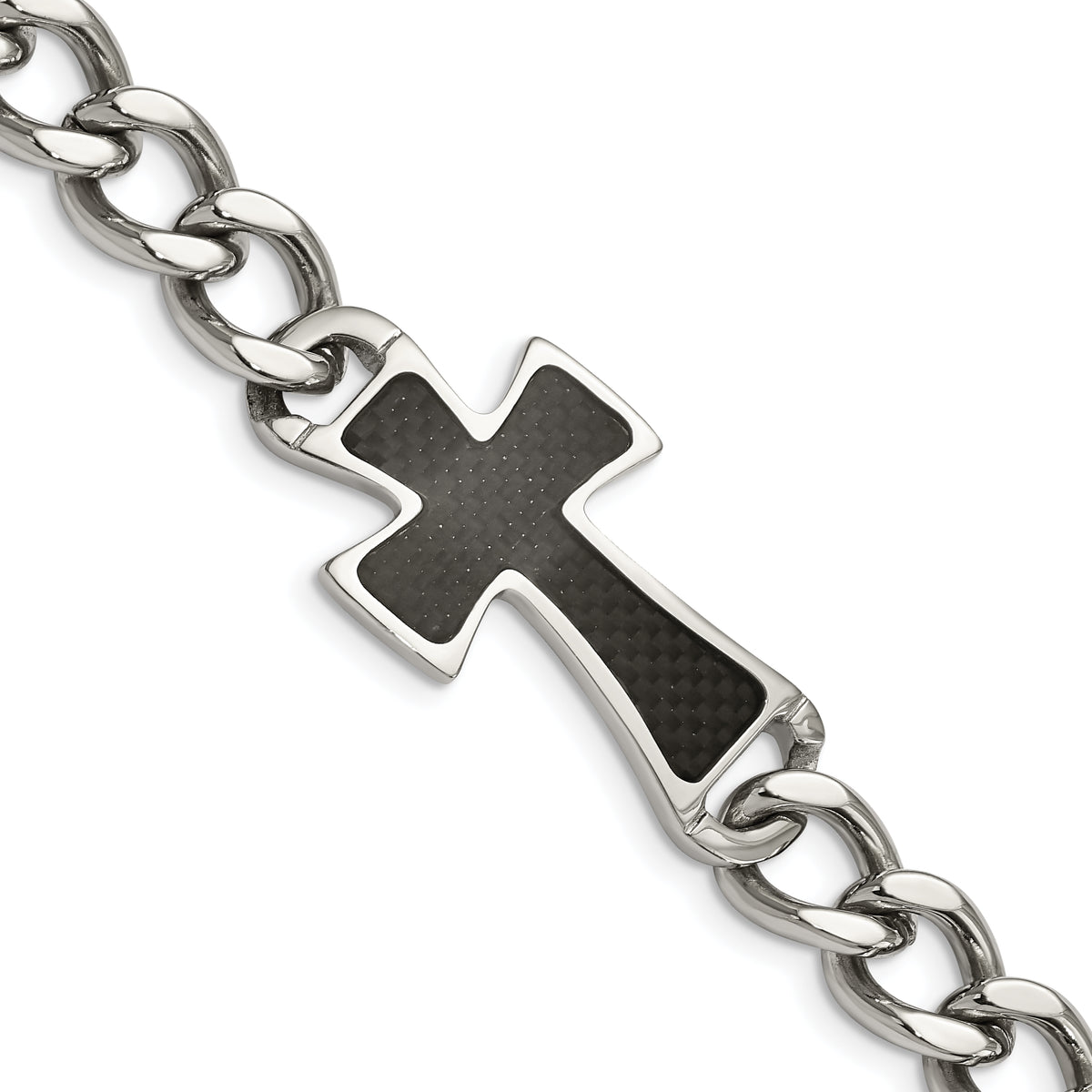 Chisel Stainless Steel Polished with Black Carbon Fiber Inlay Cross 8.5 inch Bracelet