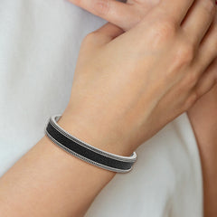 Chisel Stainless Steel Antiqued and Polished with Textured Leather Inlay 12mm Cuff Bangle