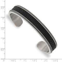 Chisel Stainless Steel Antiqued and Polished with Textured Leather Inlay 12mm Cuff Bangle