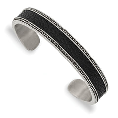 Chisel Stainless Steel Antiqued and Polished with Textured Leather Inlay 12mm Cuff Bangle