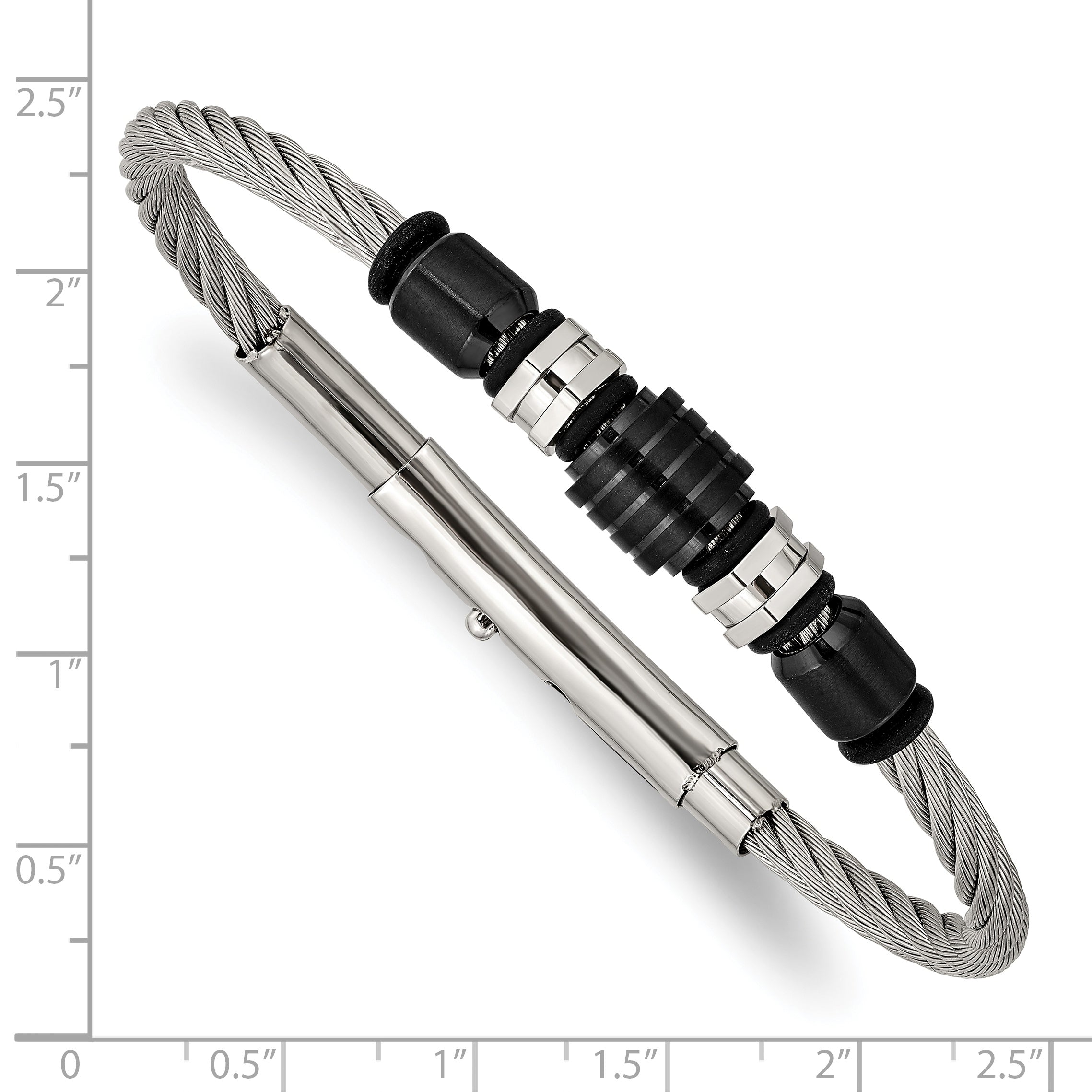 Chisel Stainless Steel Brushed and Polished Black IP-plated and Black Rubber Adjustable 8 to 8.75 inch Bracelet