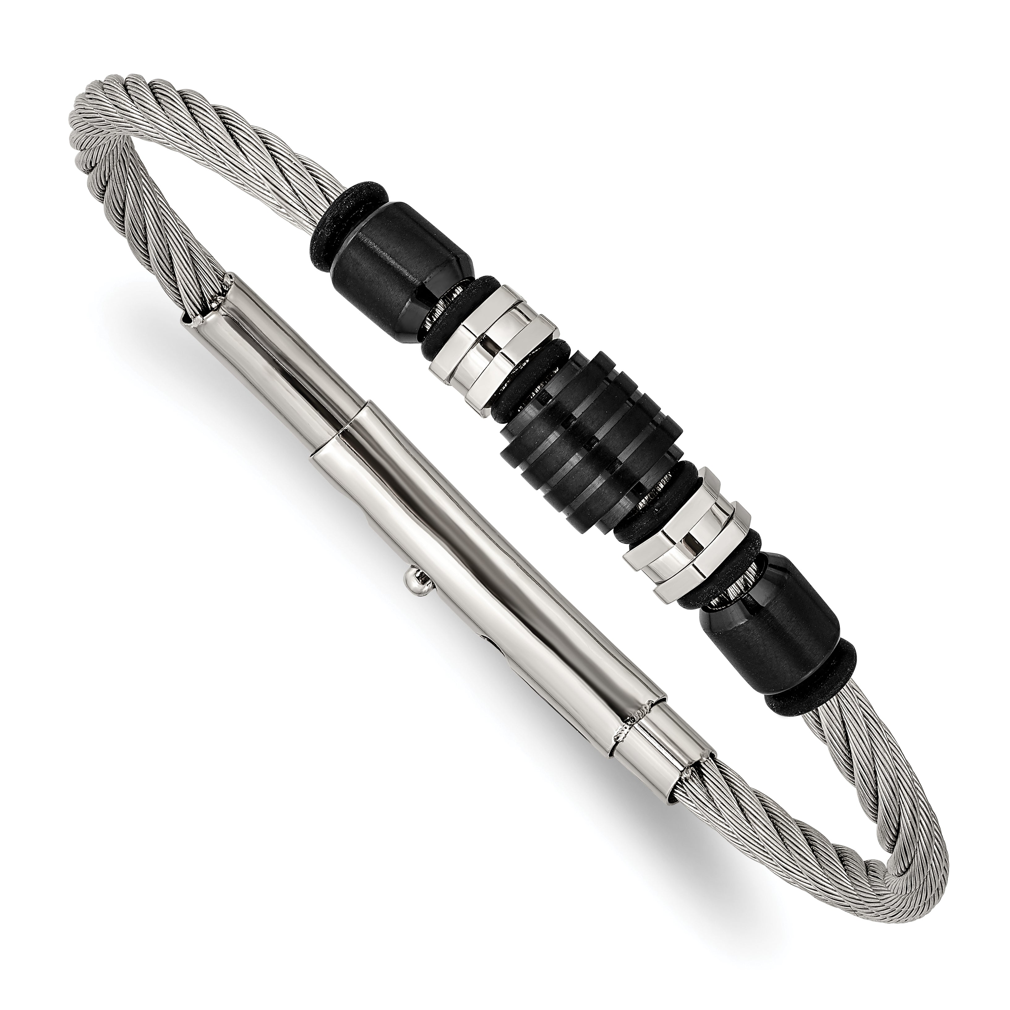 Chisel Stainless Steel Brushed and Polished Black IP-plated and Black Rubber Adjustable 8 to 8.75 inch Bracelet