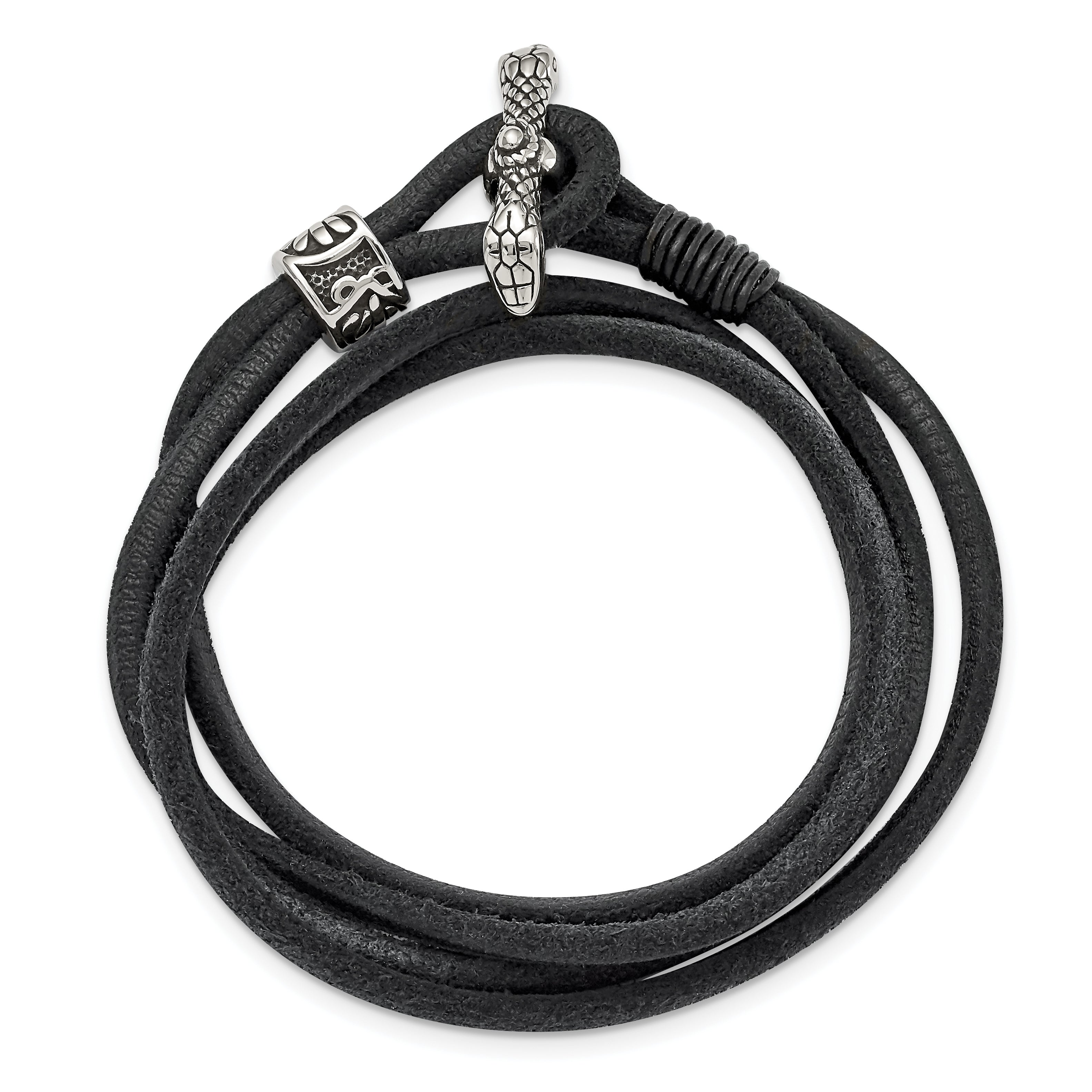 Chisel Stainless Steel Antiqued and Polished Snake Heads Black Suede 16.5 inch Wrap Bracelet