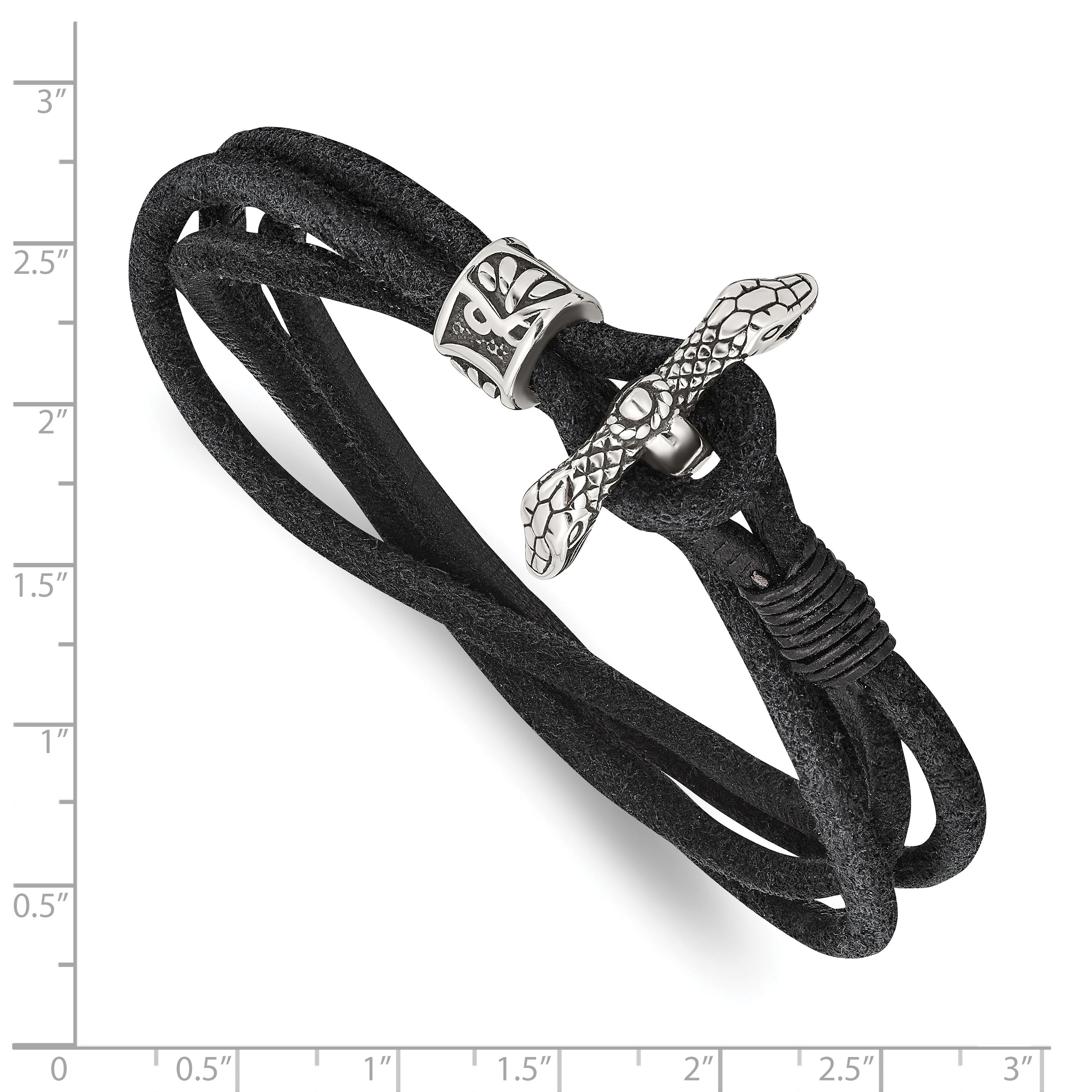 Chisel Stainless Steel Antiqued and Polished Snake Heads Black Suede 16.5 inch Wrap Bracelet