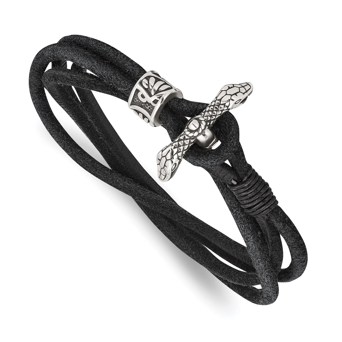 Chisel Stainless Steel Antiqued and Polished Snake Heads Black Suede 16.5 inch Wrap Bracelet