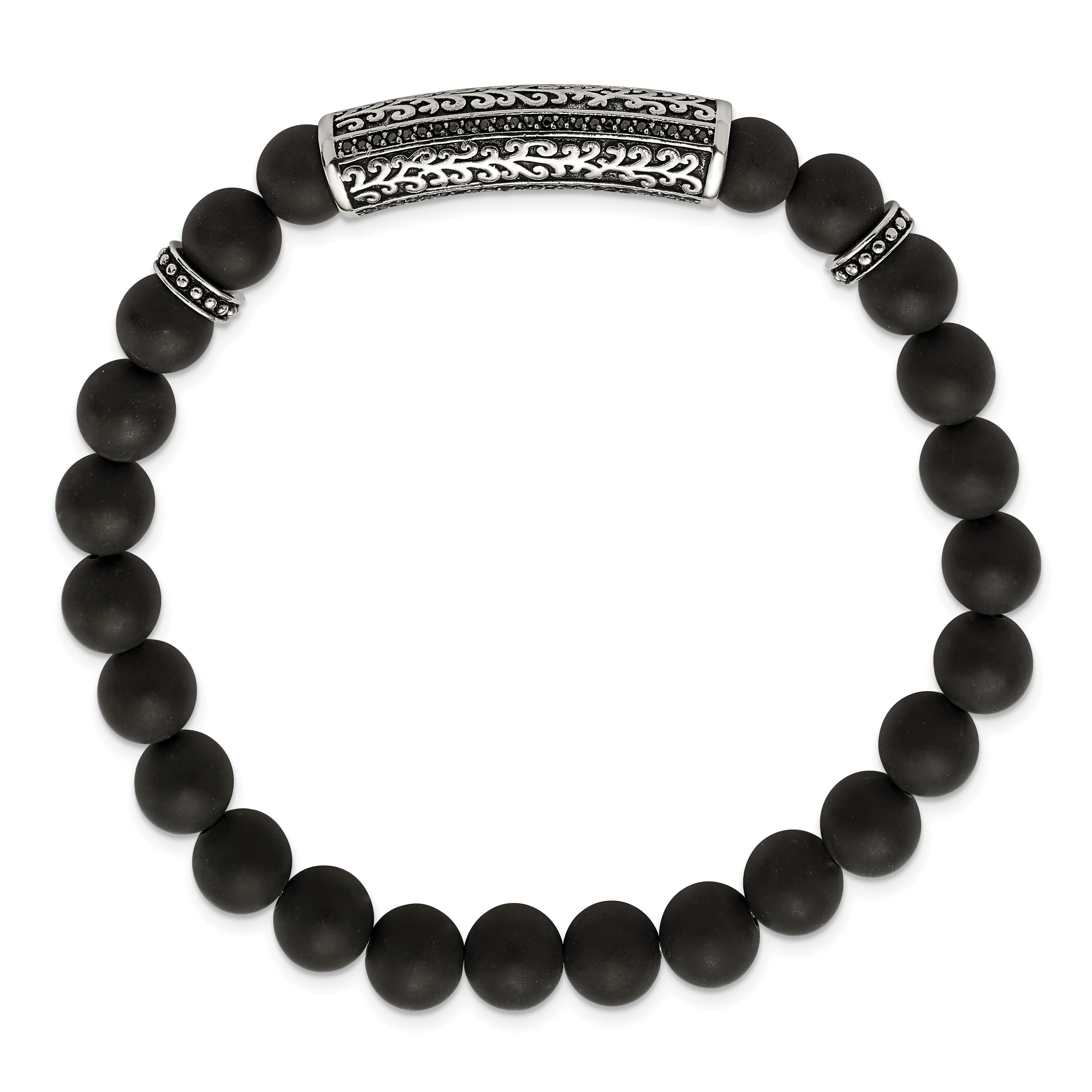 Chisel Stainless Steel Antiqued and Polished with Black CZ 8.5mm Agate Beaded Stretch Bracelet