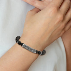 Chisel Stainless Steel Antiqued and Polished with Black CZ 8.5mm Agate Beaded Stretch Bracelet