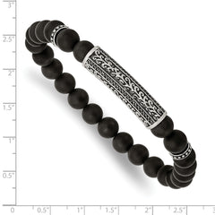 Chisel Stainless Steel Antiqued and Polished with Black CZ 8.5mm Agate Beaded Stretch Bracelet