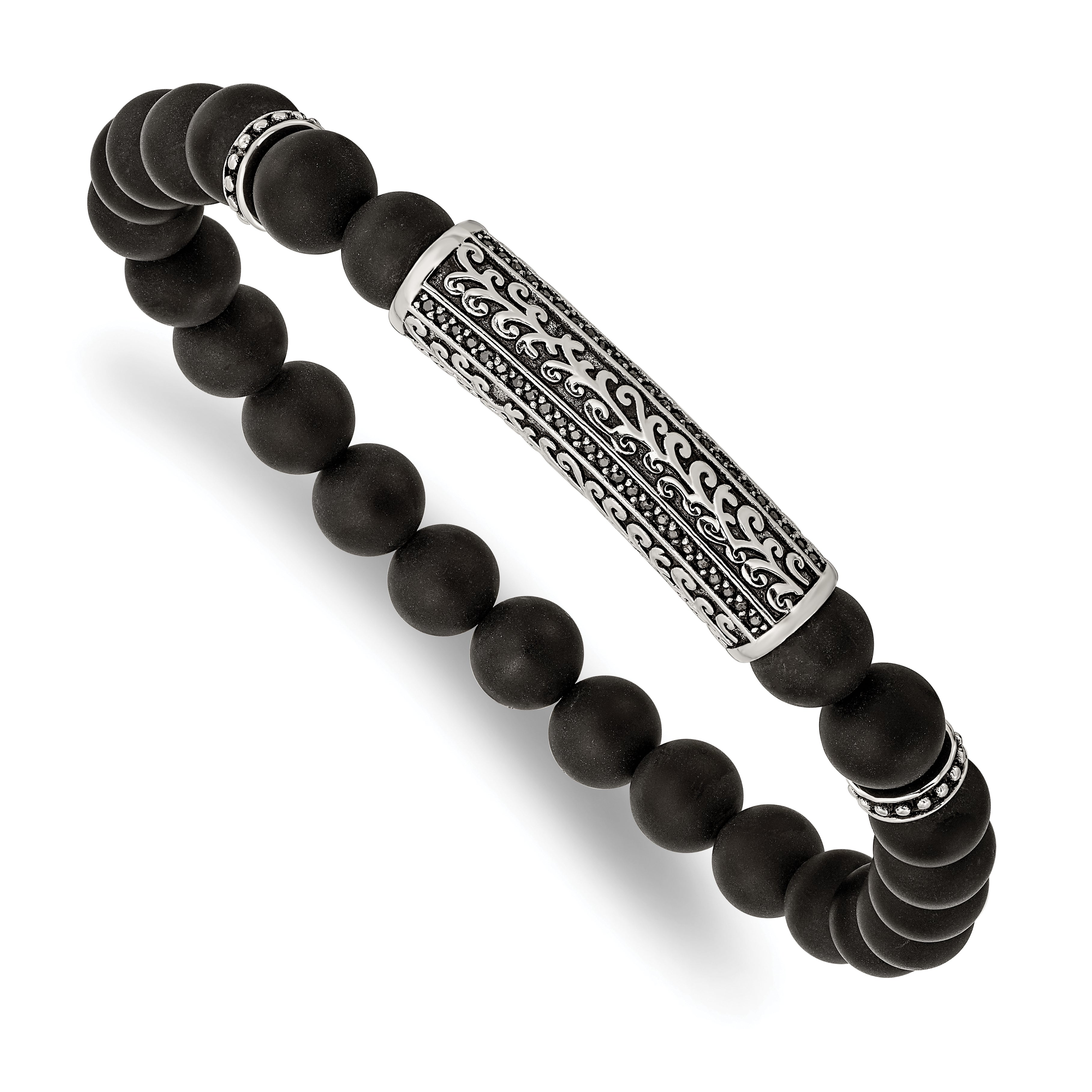 Chisel Stainless Steel Antiqued and Polished with Black CZ 8.5mm Agate Beaded Stretch Bracelet