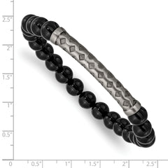 Chisel Stainless Steel Antiqued White Bronze-plated 8.5mm Black Agate 8.5mm Stretch Bracelet