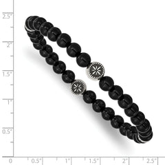 Chisel Stainless Steel Antiqued and Polished 6mm Black Agate Beaded Stretch Bracelet