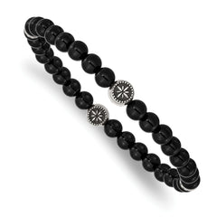 Chisel Stainless Steel Antiqued and Polished 6mm Black Agate Beaded Stretch Bracelet