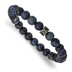 Chisel Stainless Steel Antiqued White Bronze-plated 6.5mm Lapis Beaded Stretch Bracelet