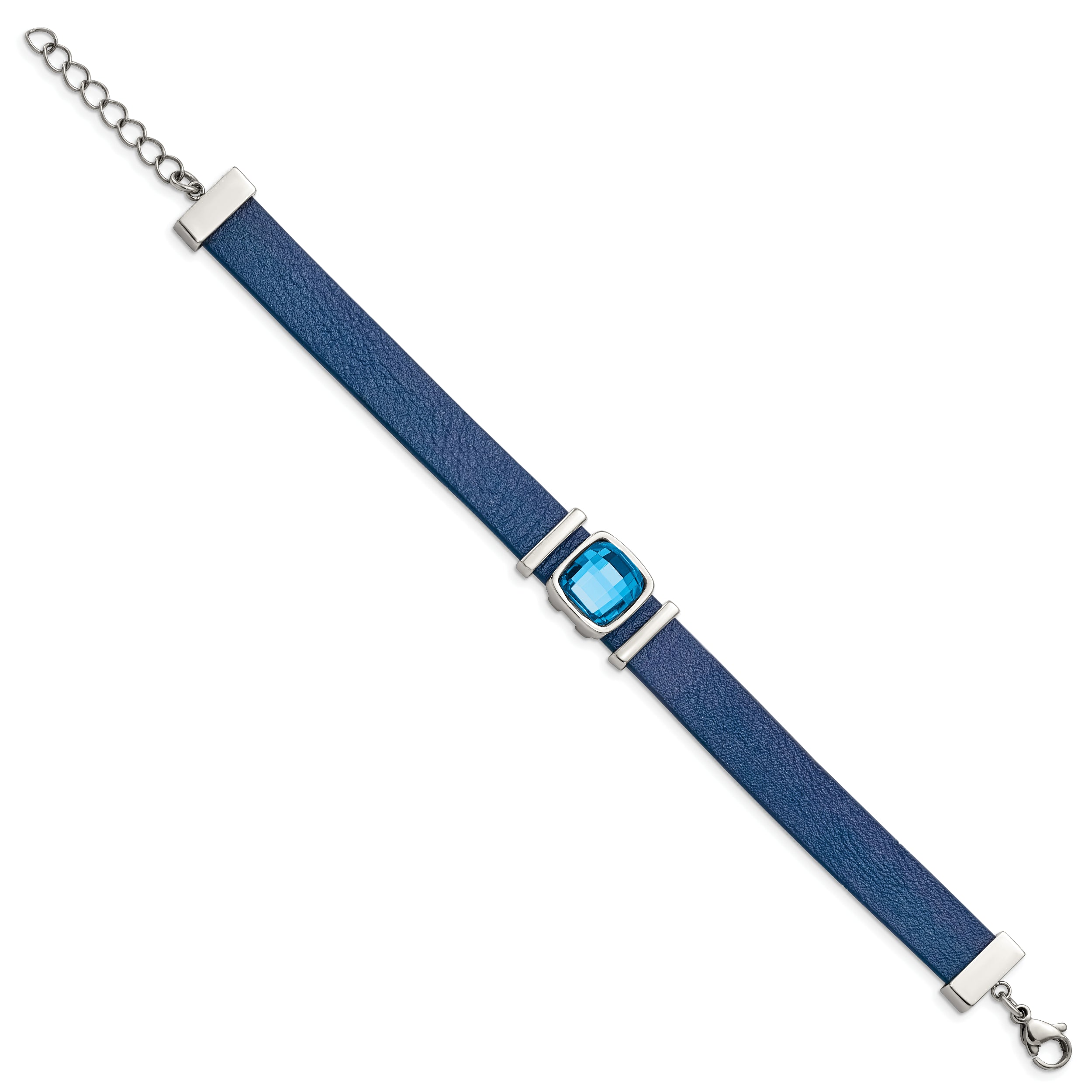 Stainless Steel Polished Blue Leather w/Crystal w/1.25in ext. 7in Bracelet