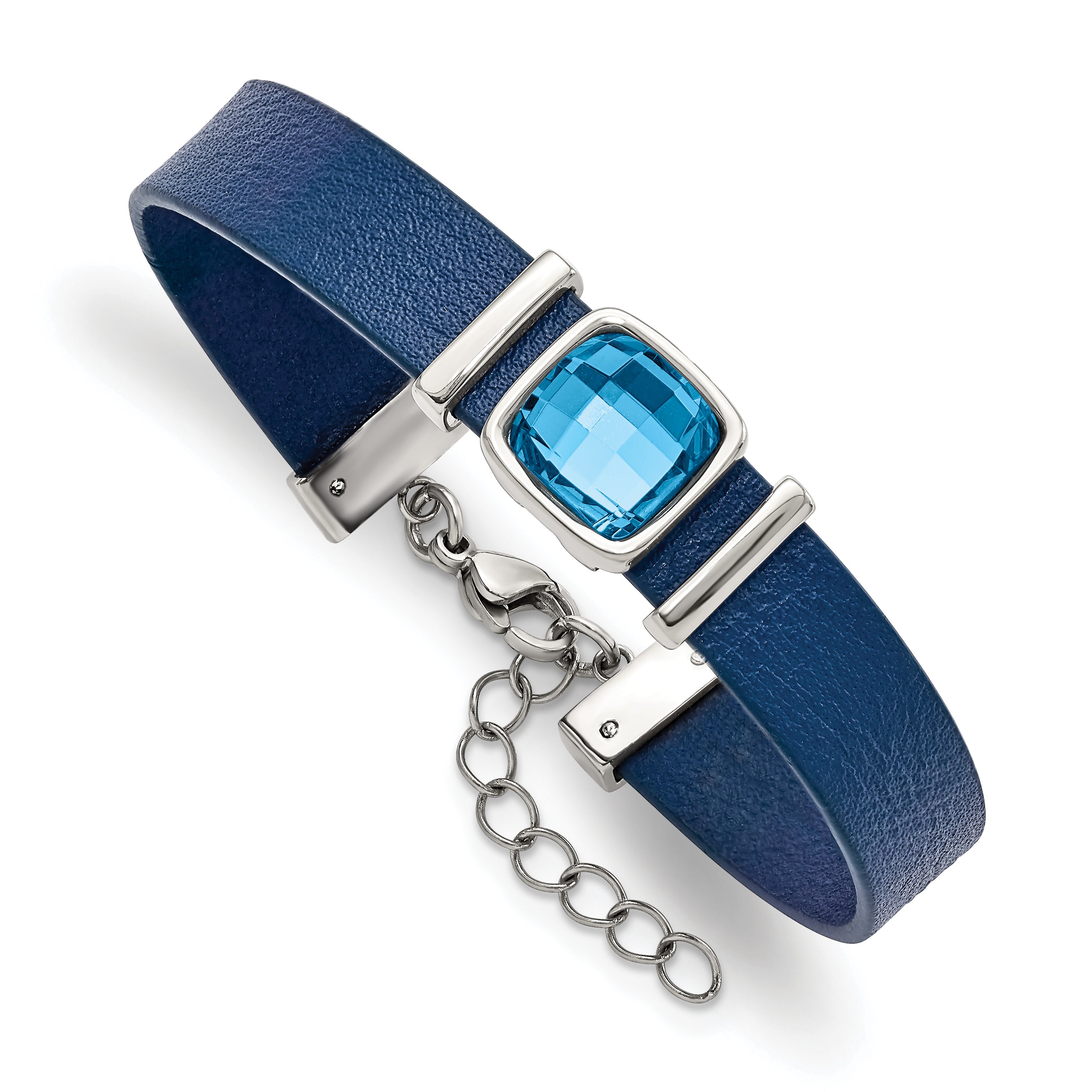 Stainless Steel Polished Blue Leather w/Crystal w/1.25in ext. 7in Bracelet